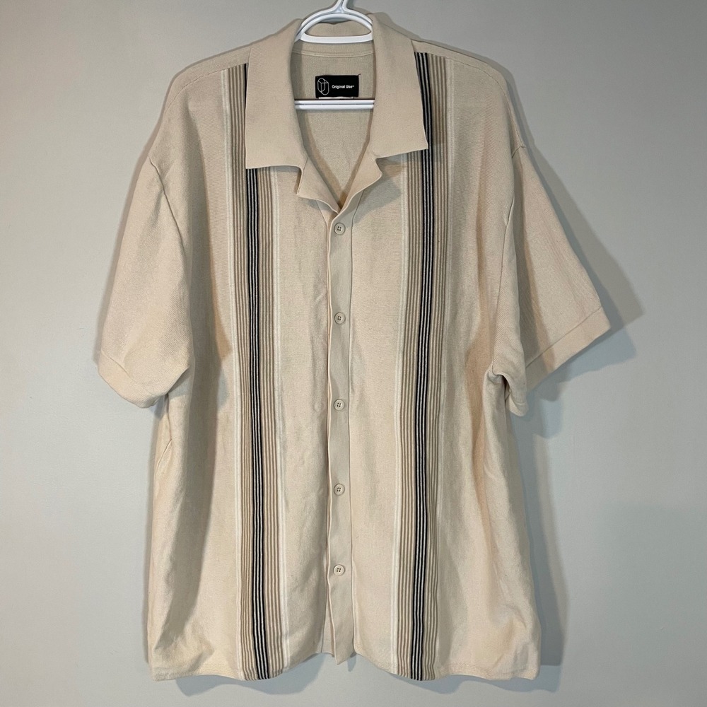 Original Use Mens XXL Beige Vertical Stripe Knit Short Sleeve Camp Collar Shirt